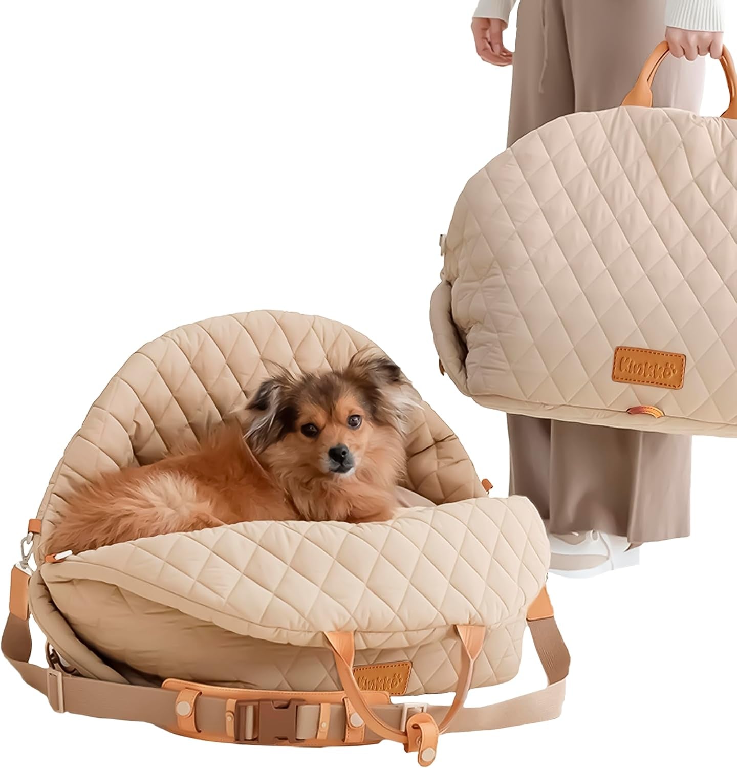 Dog Car Seat for Small Dogs – 3-In-1 Travel Carrier, Booster & Dog Bed for Car – Washable, Anti-Slip, Safety Straps – Fits Front & Back Seats – Cozy Pet Car Seat up to 25 Lbs – Beige