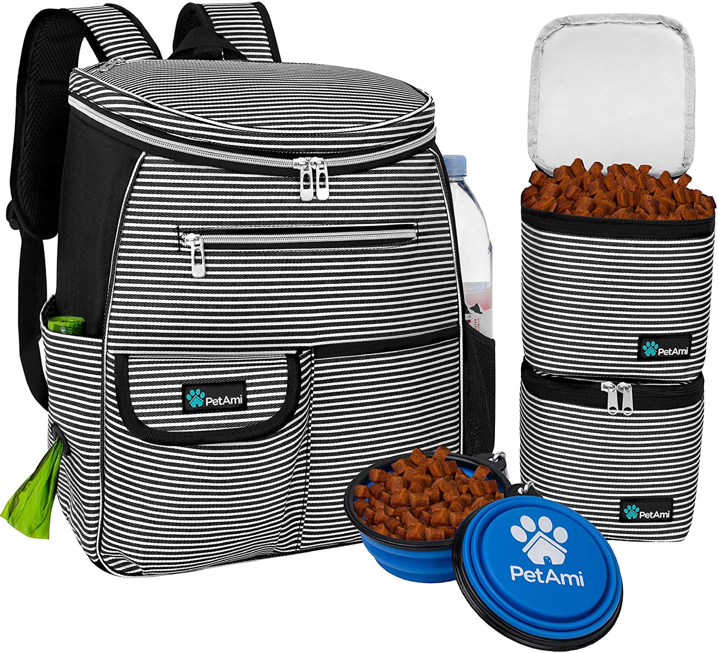 Dog Travel Bag Backpack | Backpack Organizer with Poop Bag Dispenser, Multi-Function Pocket, Food Container Bag, Collapsible Bowl (One Size, Stripe Black)
