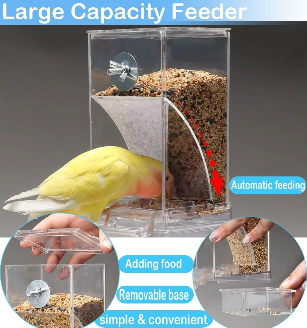 No Mess Bird Feeder Water Dispenser, Automatic Parrot Cage Accessories, Clear Parakeet Seed Container Food Drinker for Cockatiel, Finch, Lovebirds, Budgies, Canary