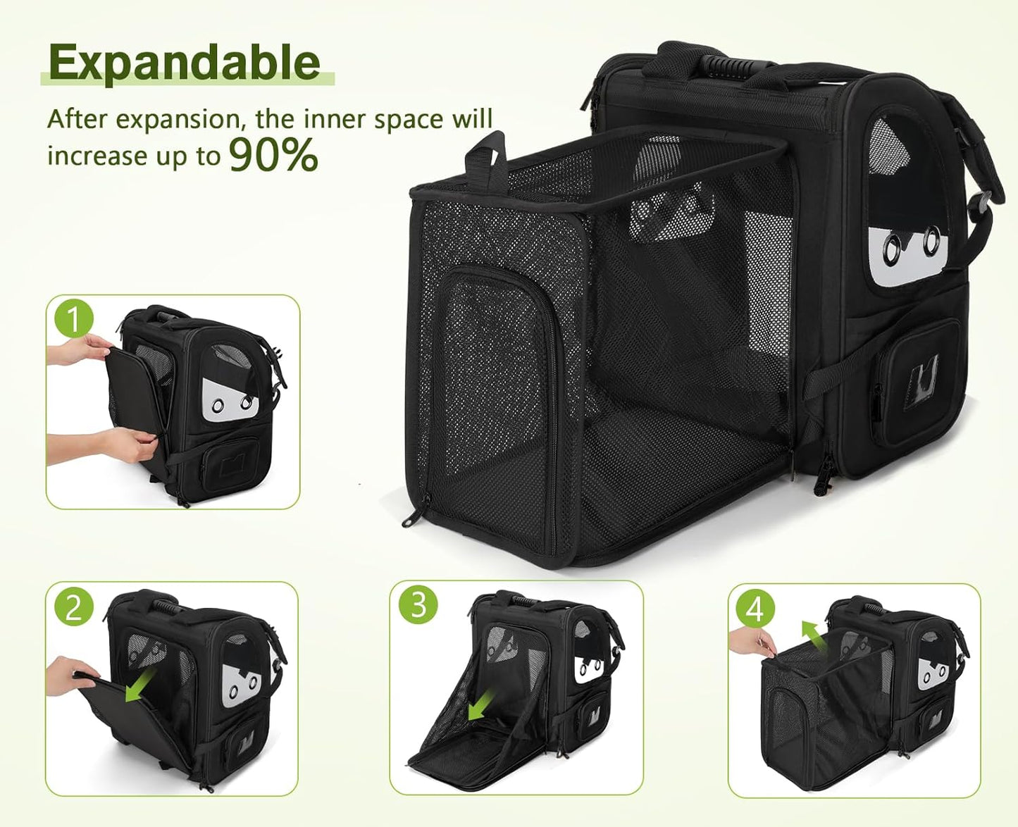 Dog Carrier Backpack Expandable, Pet Backpack Carrier for Small Dogs & Cats up to 18 Lbs, Waterproof & Breathable Mesh Design, Ideal for Hiking, Travel, Camping, and Outdoor Adventures Black