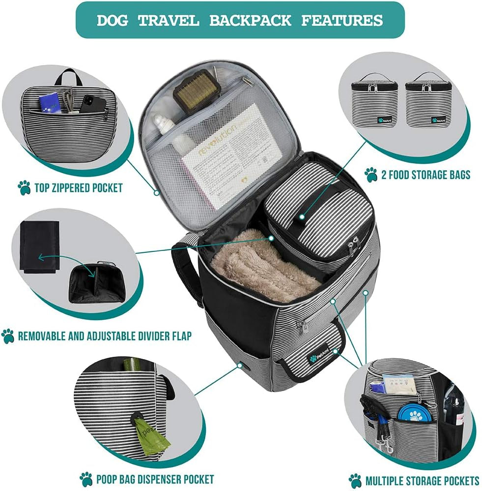 Dog Travel Bag Backpack | Backpack Organizer with Poop Bag Dispenser, Multi-Function Pocket, Food Container Bag, Collapsible Bowl (One Size, Stripe Black)