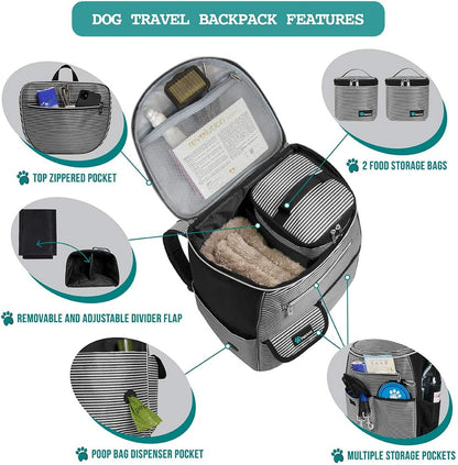 Dog Travel Bag Backpack | Backpack Organizer with Poop Bag Dispenser, Multi-Function Pocket, Food Container Bag, Collapsible Bowl (One Size, Stripe Black)
