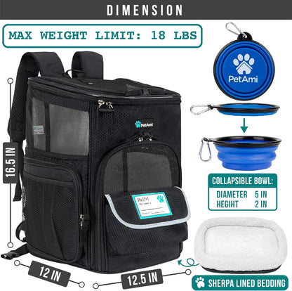Dog Backpack Carrier, Airline Approved Cat Backpacks for Carrying Small Large Cats, Pet Carrier Back Pack, Ventilated Soft Sided for Travel, Hiking, Camping, Max 18 Lbs, Black