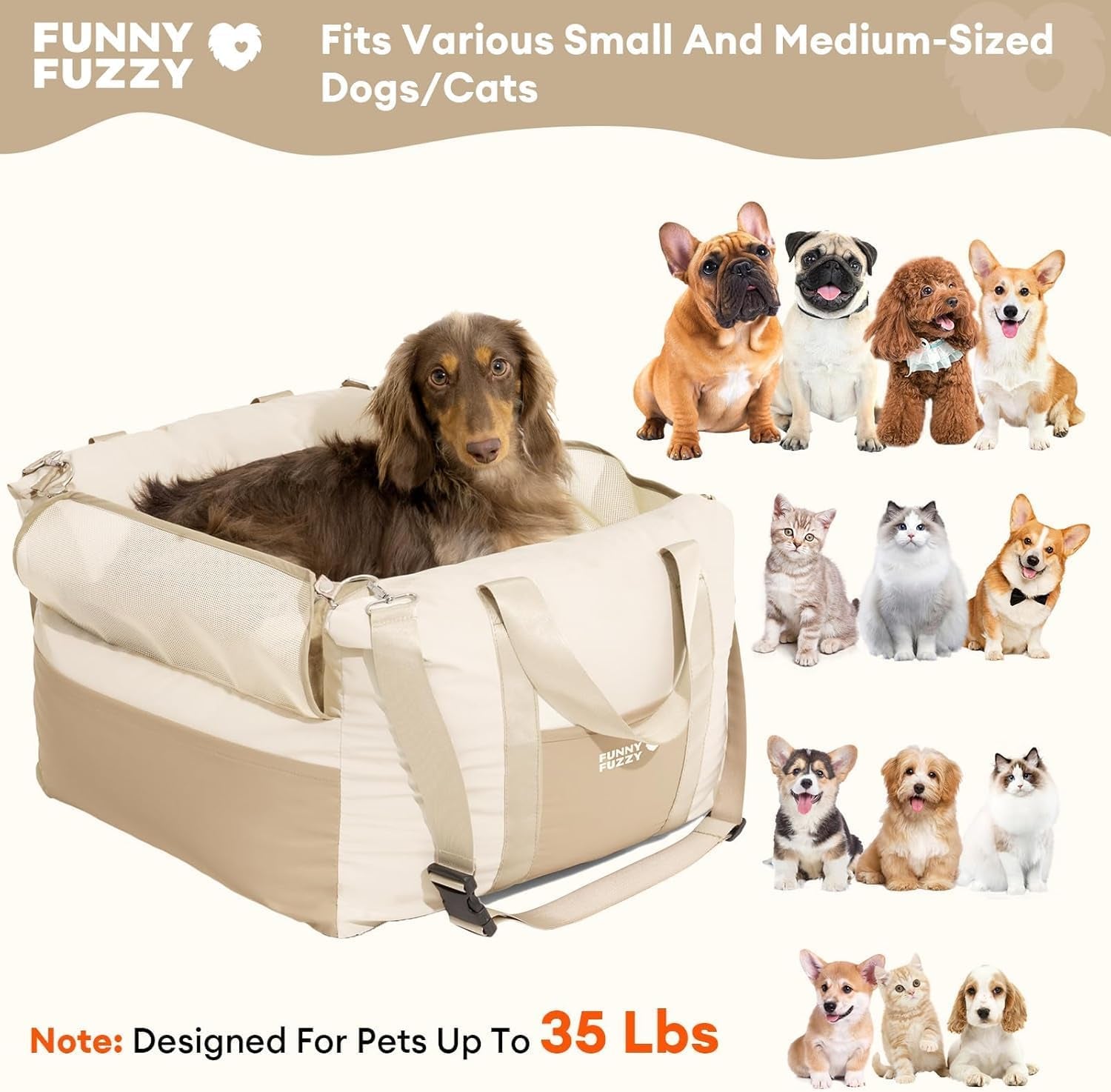Waterproof Dog Car Seat for Small & Medium Dogs up to 35Lbs,Fully Detachable and Washable Dog Travel Carrier＆Pet Car Seat Bed with Thick Cushion, Breathable Mesh,Adjustable Straps(Beige)