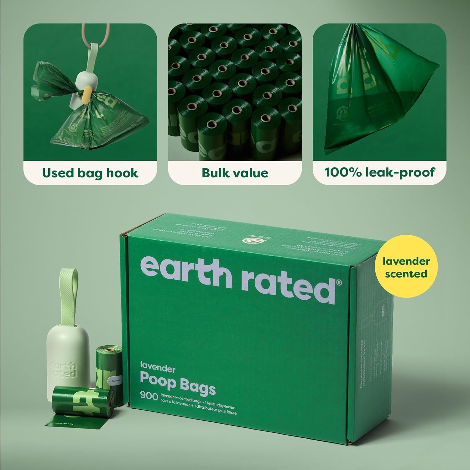 Dog Poop Bag Holder, Durable and Guaranteed Leakproof, Lavender Scented, 1 Dispenser and 900 Bags