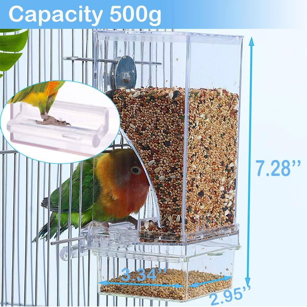 No Mess Bird Feeder Water Dispenser, Automatic Parrot Cage Accessories, Clear Parakeet Seed Container Food Drinker for Cockatiel, Finch, Lovebirds, Budgies, Canary