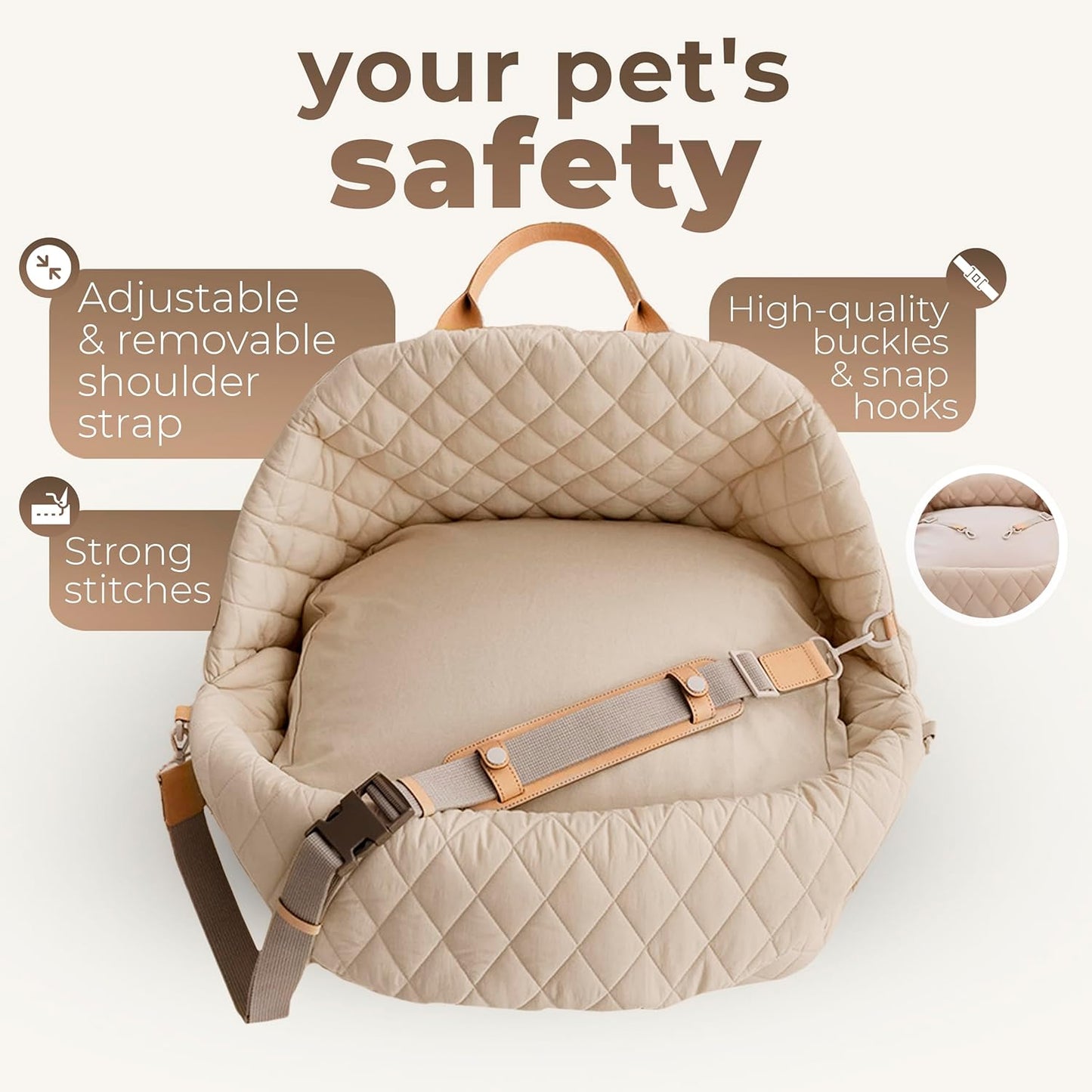 Dog Car Seat for Small Dogs – 3-In-1 Travel Carrier, Booster & Dog Bed for Car – Washable, Anti-Slip, Safety Straps – Fits Front & Back Seats – Cozy Pet Car Seat up to 25 Lbs – Beige