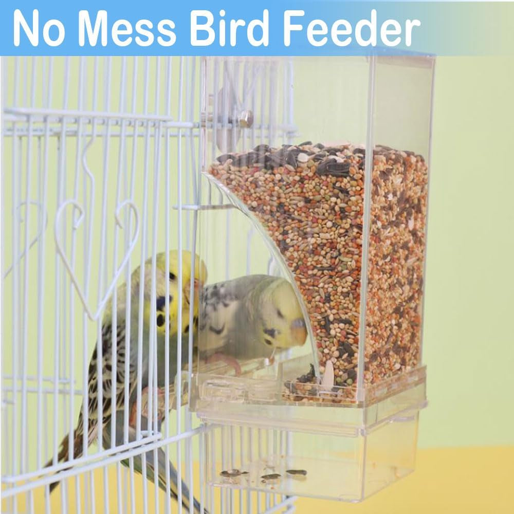 No Mess Bird Feeder Water Dispenser, Automatic Parrot Cage Accessories, Clear Parakeet Seed Container Food Drinker for Cockatiel, Finch, Lovebirds, Budgies, Canary