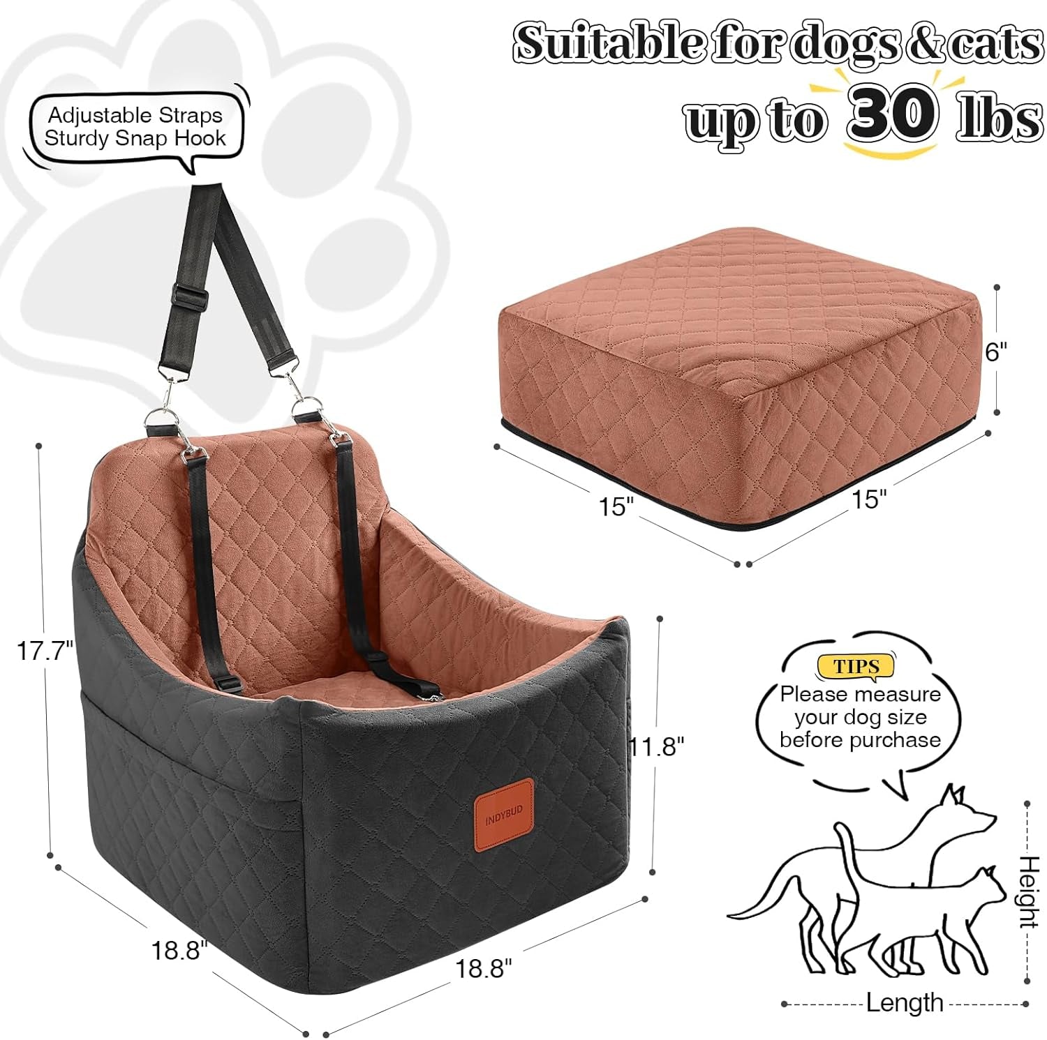 Dog Car Seats for Small Medium Dogs, Portable Detachable Washable Puppy Car Seat for Dog up to 35Lbs, Pet Booster Seat with Storage Pockets and Safety Belt (Black/Brown, Medium)