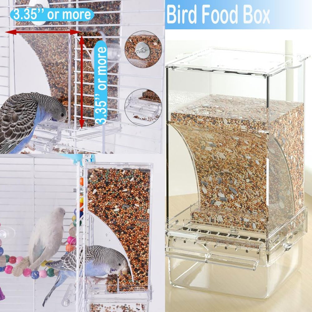 No Mess Bird Feeder Water Dispenser, Automatic Parrot Cage Accessories, Clear Parakeet Seed Container Food Drinker for Cockatiel, Finch, Lovebirds, Budgies, Canary