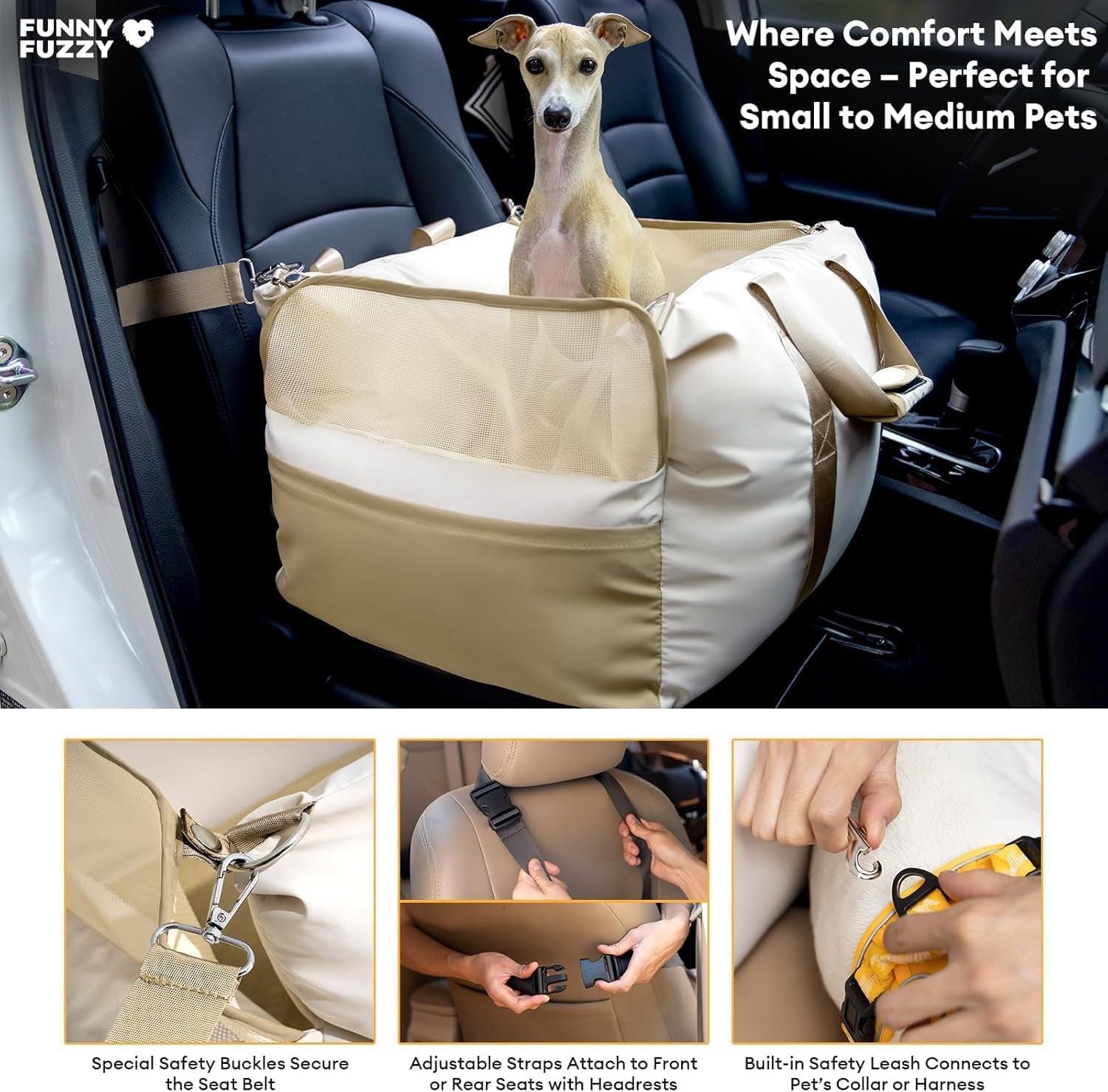 Waterproof Dog Car Seat for Small & Medium Dogs up to 35Lbs,Fully Detachable and Washable Dog Travel Carrier＆Pet Car Seat Bed with Thick Cushion, Breathable Mesh,Adjustable Straps(Beige)