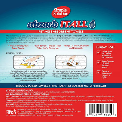 Abzorbitall Pet Mess Absorbent Towels - Multi-Surface Urine and Dog Poop Cleaning Sheets - 12 X 17 Inches - 30 Towels