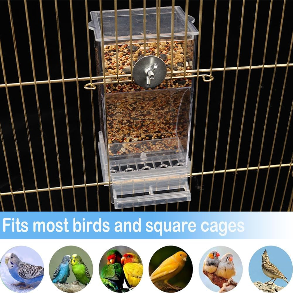 No Mess Bird Feeder Water Dispenser, Automatic Parrot Cage Accessories, Clear Parakeet Seed Container Food Drinker for Cockatiel, Finch, Lovebirds, Budgies, Canary