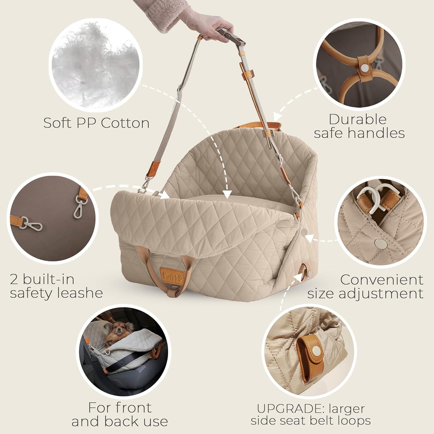 Dog Car Seat for Small Dogs – 3-In-1 Travel Carrier, Booster & Dog Bed for Car – Washable, Anti-Slip, Safety Straps – Fits Front & Back Seats – Cozy Pet Car Seat up to 25 Lbs – Beige