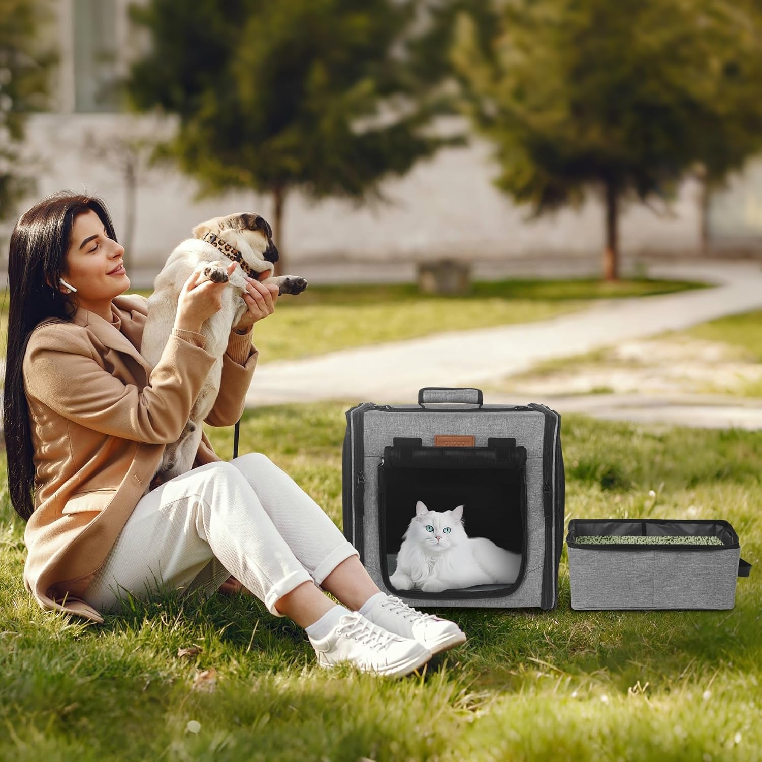 Small Cat Travel Carrier with Little Box for Car Travel, Portable Camping Small Cat Carrier, Cat Carrier Soft with Flannel Mat, Hammock, Protable Tote (Grey)