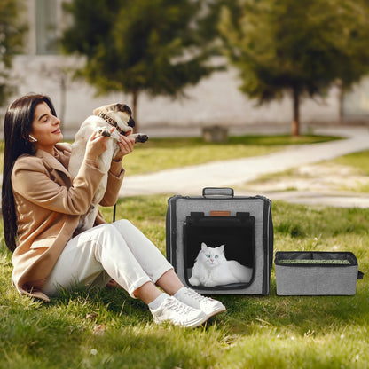 Small Cat Travel Carrier with Little Box for Car Travel, Portable Camping Small Cat Carrier, Cat Carrier Soft with Flannel Mat, Hammock, Protable Tote (Grey)