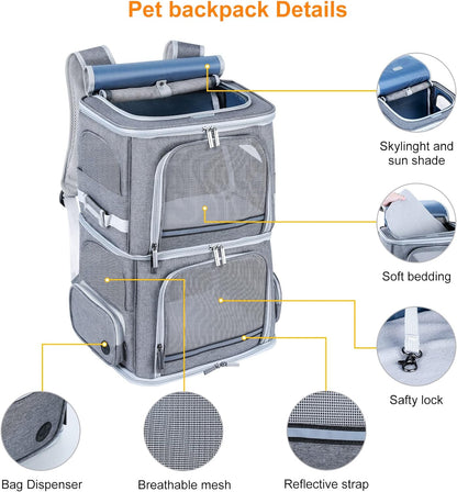 Double Cat Carrier for 2 Cats,Dog Backpack Carrier for Medium Dogs,Double Compartment Pet Carrier Backpack for Dual Pets,For Outdoor Traveling Stroll and Picnic
