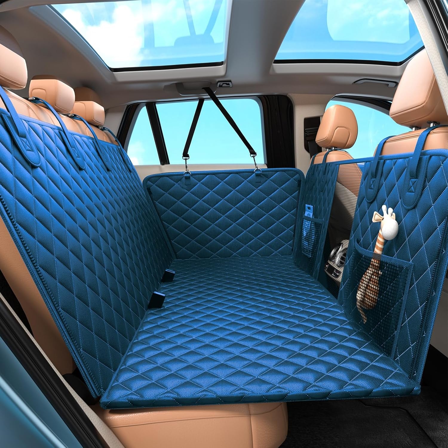 Dog Seat Cover Hard Bottom Holds 400Lbs, Sturdy Back Seat Extender for Dogs, Waterproof Pets Backseat Protector with Mesh Window and Storage Pocket for Car SUV
