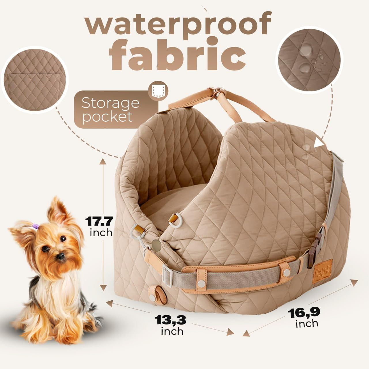 Dog Car Seat for Small Dogs – 3-In-1 Travel Carrier, Booster & Dog Bed for Car – Washable, Anti-Slip, Safety Straps – Fits Front & Back Seats – Cozy Pet Car Seat up to 25 Lbs – Beige