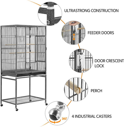 54-Inch Wrought Iron Standing Large Parrot Parakeet Flight Bird Cage for Small Parrot Cockatiel Sun Parakeet Green Cheek Conure Lovebird Budgie Finch Canary Bird Cage with Stand