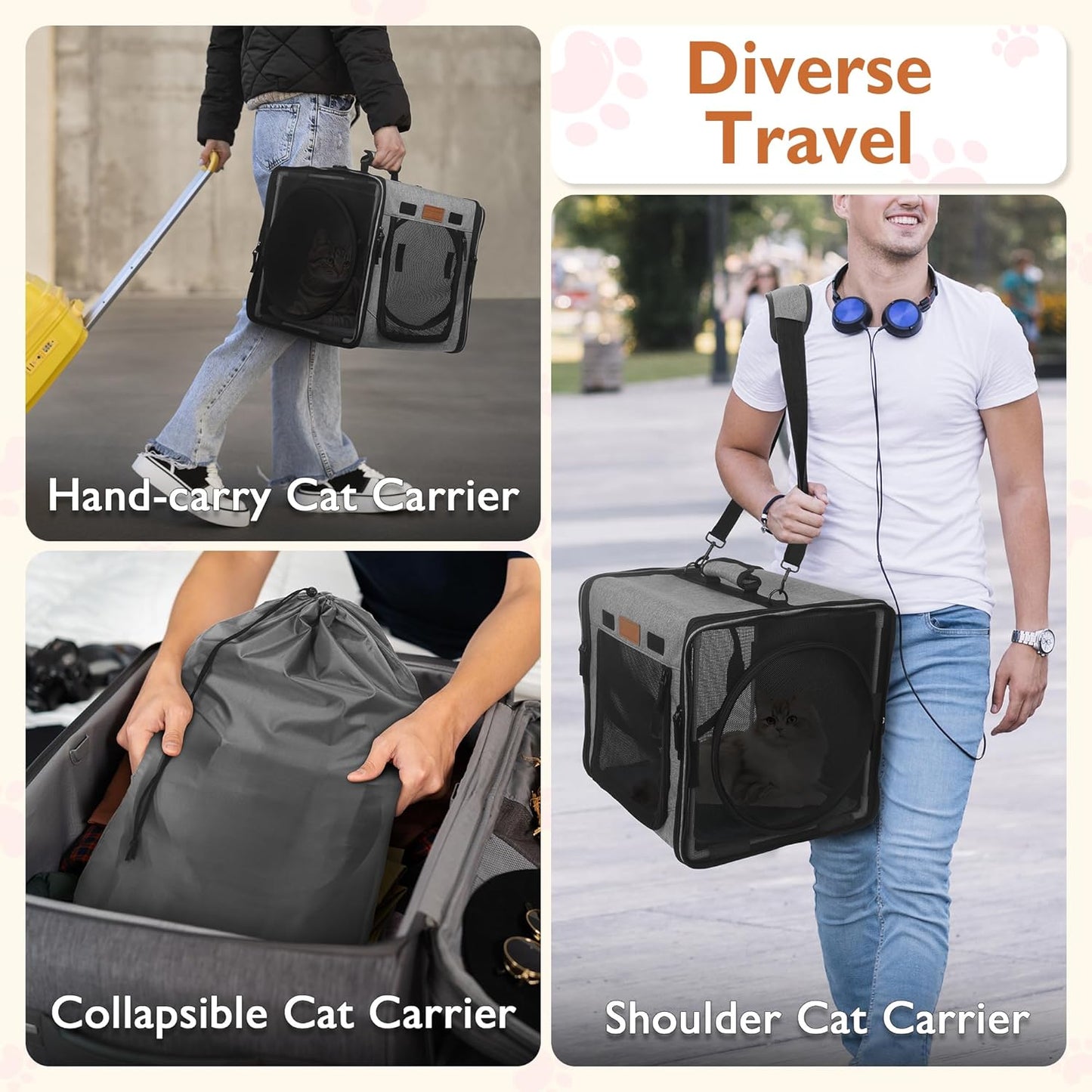 Small Cat Travel Carrier with Little Box for Car Travel, Portable Camping Small Cat Carrier, Cat Carrier Soft with Flannel Mat, Hammock, Protable Tote (Grey)