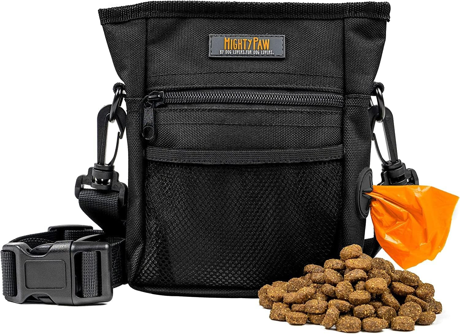 Dog Treat Pouch 2.0 | Pet Training Hands-Free Snack Bag W/Strap. Holds 2 Cups Kibble, Poop Bags, Phone & Keys. Magnetic Clasp & Waist Belt Clip. Includes 1 Roll of Poop Bags